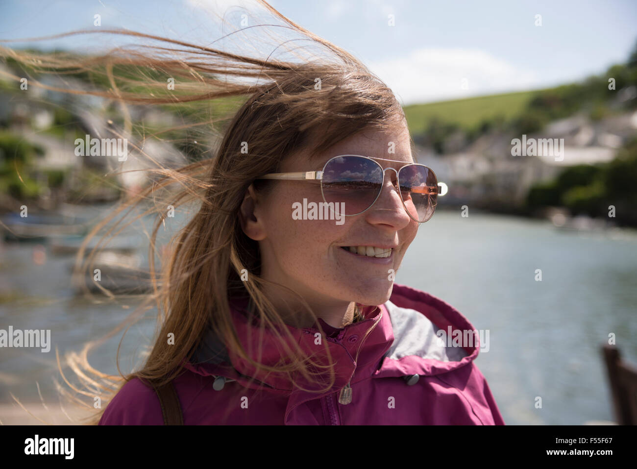 Windswept girl in newton ferrers stock photo alamy