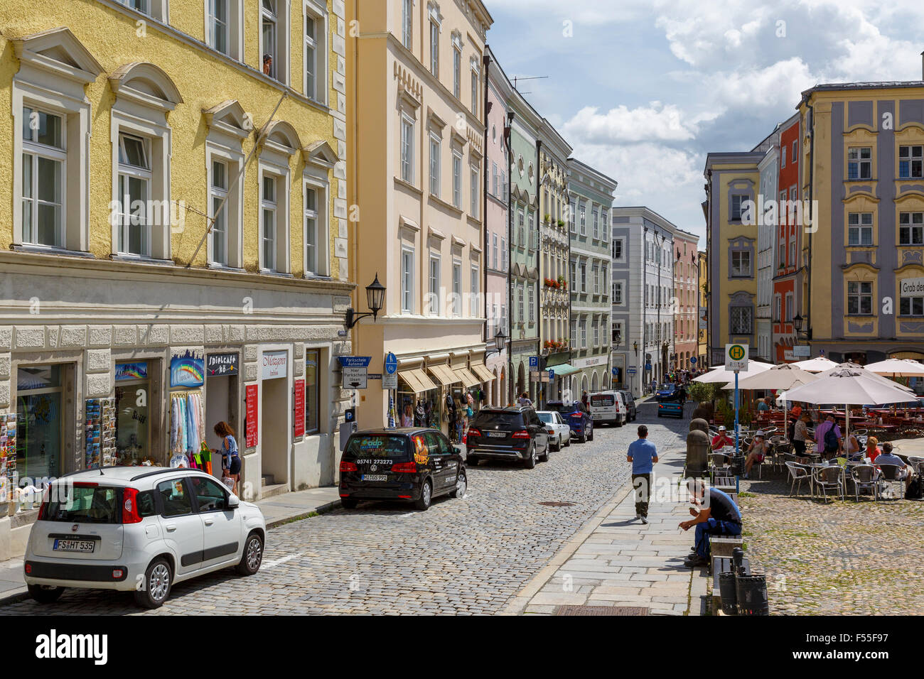 The view along Residenzplatz, Passau, Lower Bavaria, Germany. Shops and