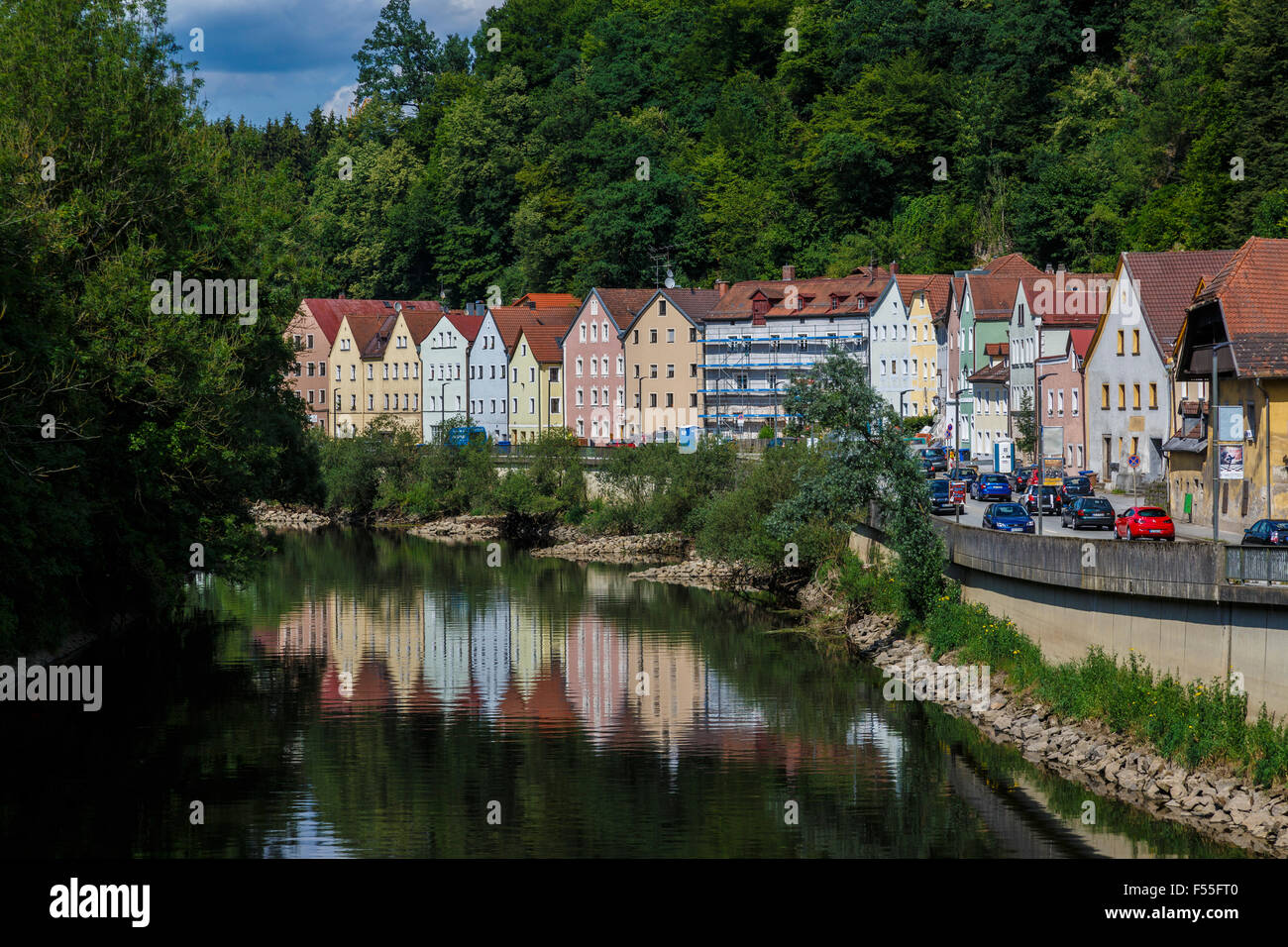 Properties alongside the Ilz river, tributary of the Danube, Passau, Germany. Stock Photo