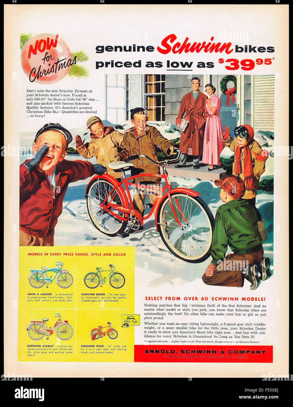 Schwinn Bicycles Christmas advertisement 1957 featuring boy with new Schwinn Tornado bicycle with friends looking on admiringly.  Other models in yellow box are: Mark II Jaguar; Schwinn Racer; Schwinn Starlet and Schwinn Pixie. Stock Photo