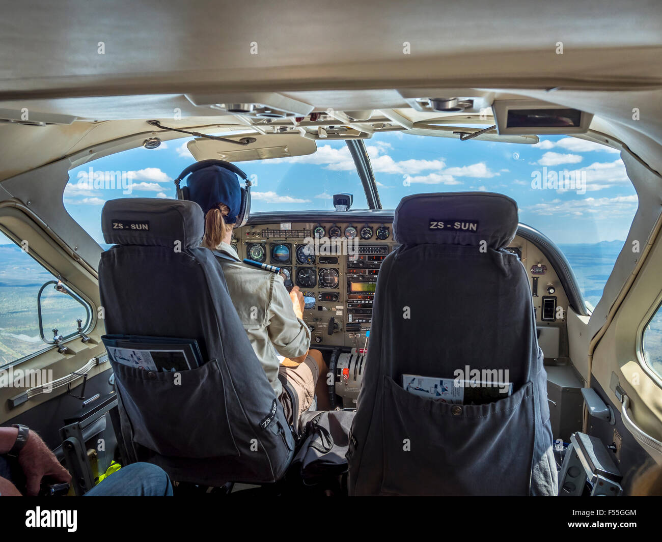 Namibia, Windhoek, pilot flying propeller airplane Stock Photo