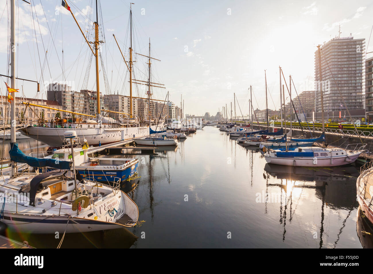 Belgium, Ostende, Drill ship Mercator and sailing boats at the yacht harbour Stock Photo