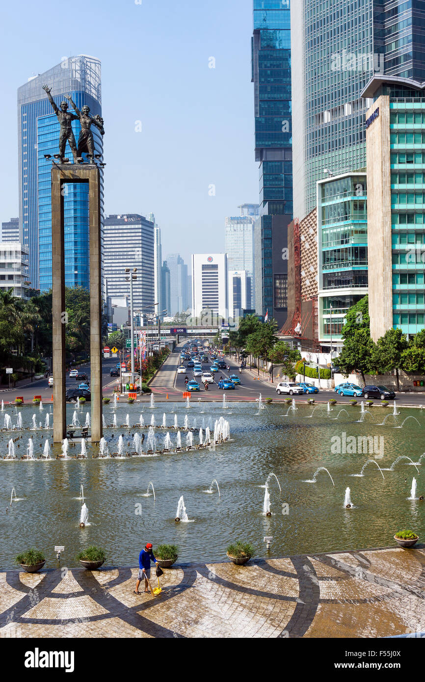 Indonesia, Jakarta, Selaman Datang Monument, square with fountain Stock