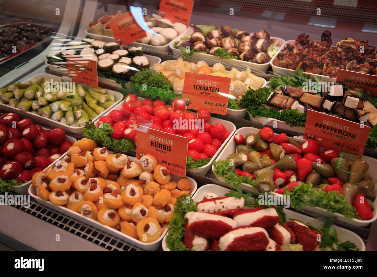 Various food products on sale at Naschmarkt  stall,  Vienna, Austria, Europe Stock Photo