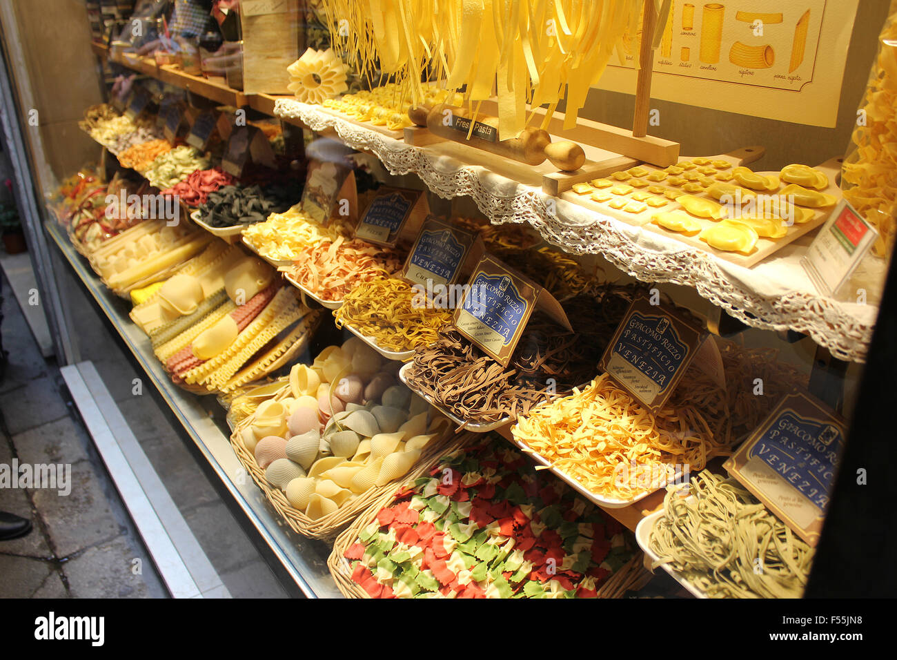 Italy Venito Venice Alley way shops pasta display Zoe Baker Stock Photo