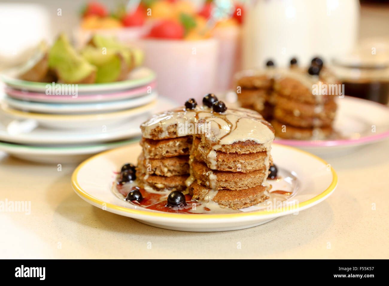 Whole wheat pancakes with fruit. This image has a restriction for licensing in Israel Stock Photo