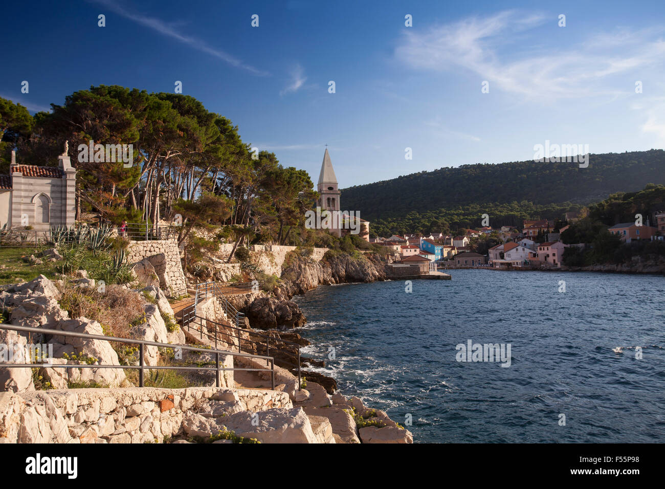 View of Veli Losing harbour, with Saint Basil's Church, Cres island, Kvarner Gulf, Adriatic Sea, Croatia Stock Photo