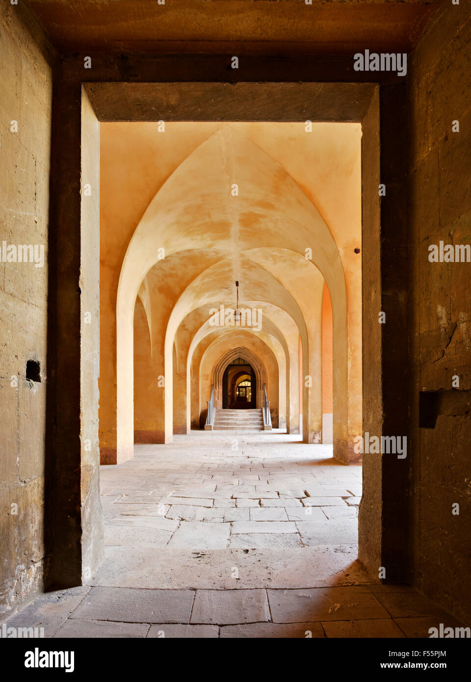 Long corridor of cross vaults in Landesschule Pforta, state school, Naumburg, Saxony-Anhalt, Germany Stock Photo