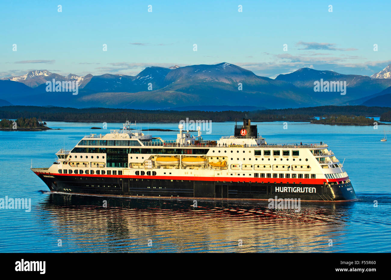 MS Midnatsol, Hurtigruten passenger and ro-ro ship, Moldefjord in Molde, Norway Stock Photo