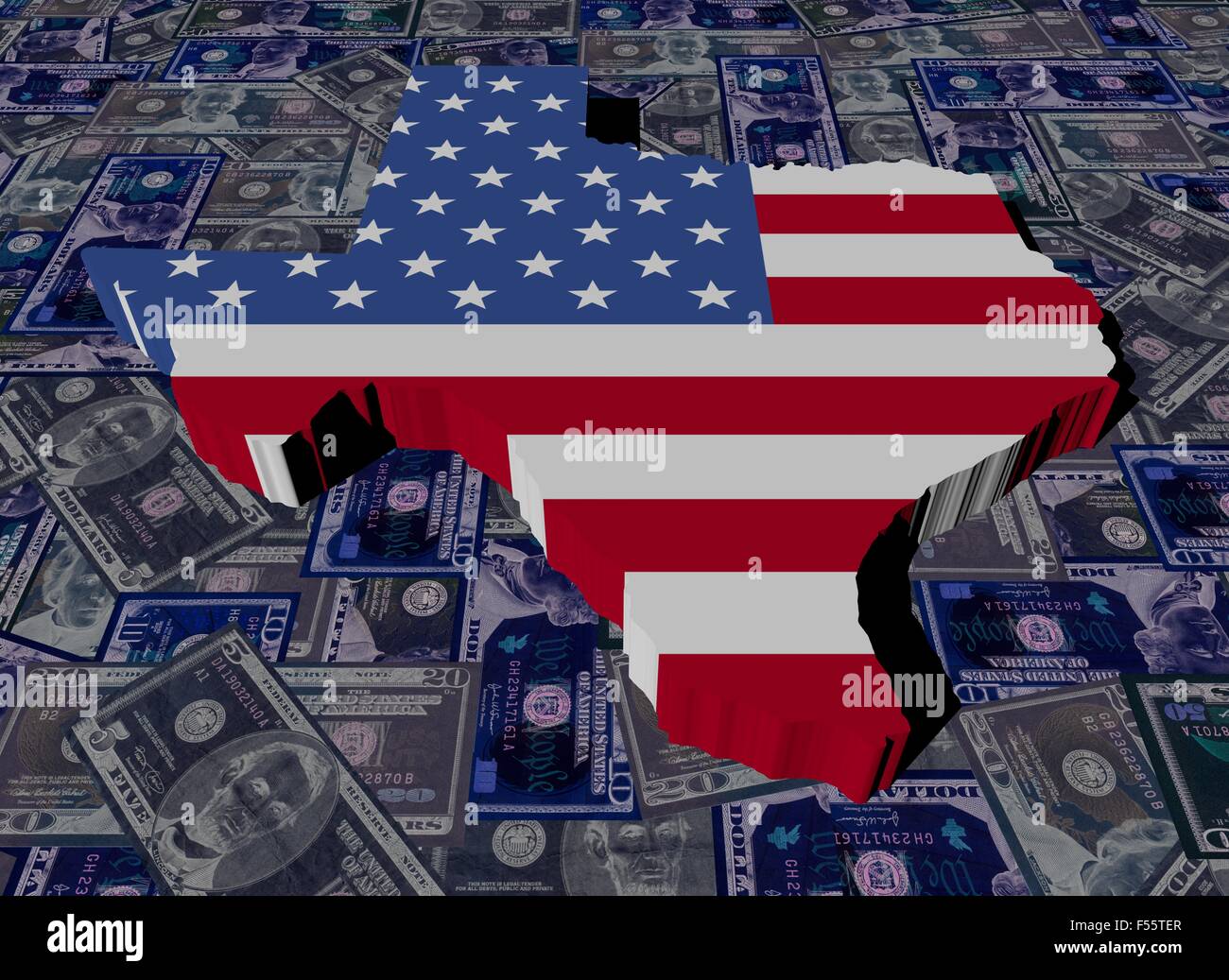 Texas map flag on dollars illustration Stock Photo