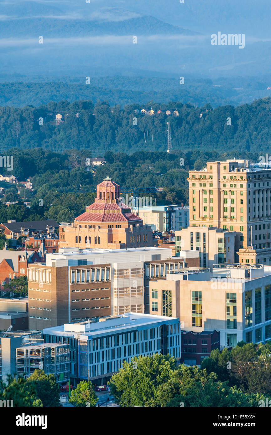 Downtown Asheville, North Carolina nestled in the Blue Ridge Mountains and illuminated by the rising sun. USA. Stock Photo