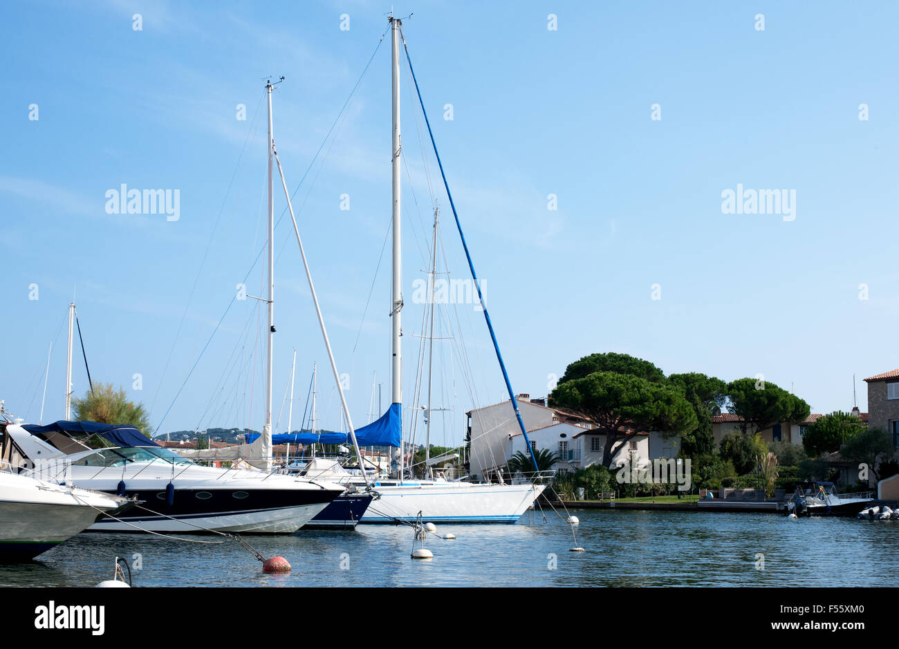 Waterfront buildings and yachts in Port Grimaud, French Riviera, France Stock Photo