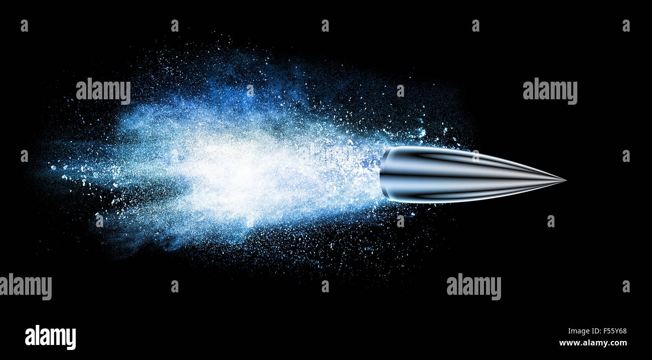explosion with a bullet isolated on black. Stock Photo