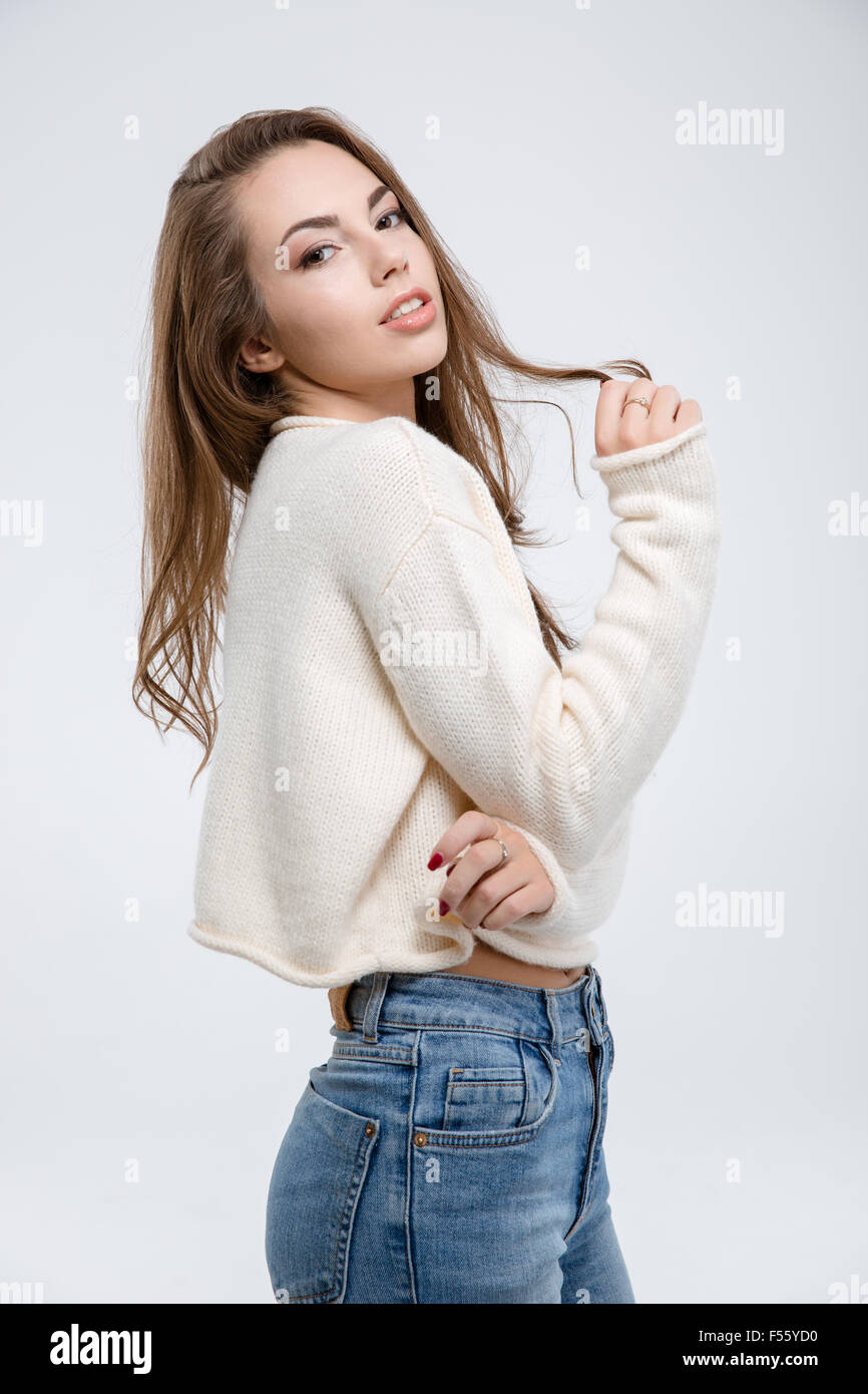 Portrait of a casual female model posing isolated on a white background Stock Photo Alamy