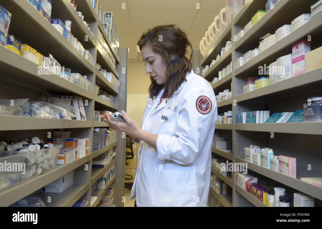 Oct. 26, 2015 - Albuquerque, NM, U.S. - 10272015---University of New Mexico college of Pharmacy student Marissa Zamora (CQ) in the pharmacy at the Interprofessional Healthcare Simulation Center (IHSC) at the Domenici Center for Health Sciences Education on the campus of UNM, photographed on Tuesday October 27, 2015. (Credit Image: © Dean Hanson/Albuquerque Journal/Albuquerque Journal via ZUMA Wire) Stock Photo