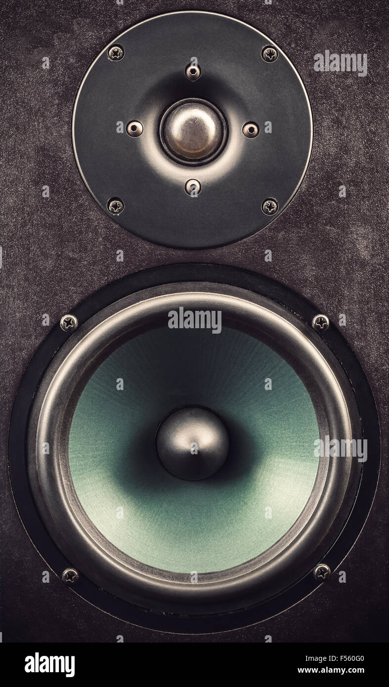 Details of a black speaker, view on tweeter and woofer. Stock Photo