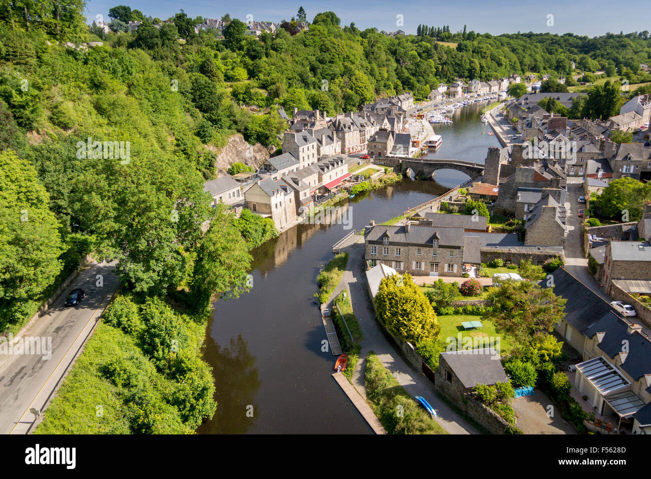 Aerial view of the port of Dinan and the river Rance, Brittany France ...