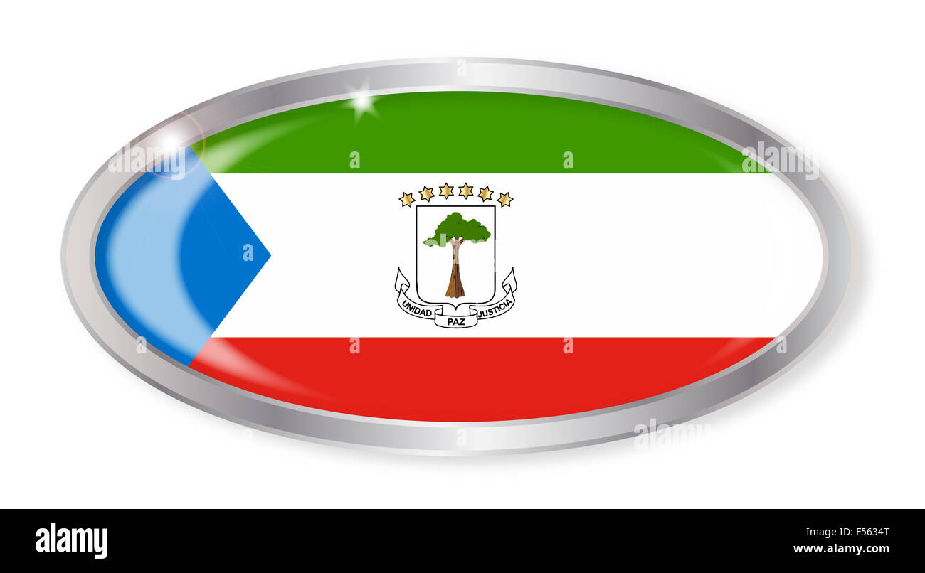 Oval silver button with the Equatorial Guinea flag isolated on a white background Stock Photo
