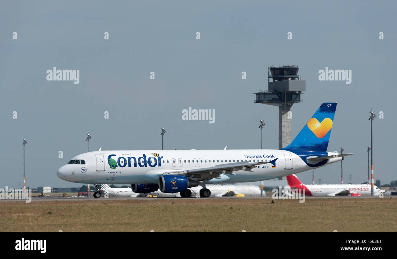 06.06.2015, Schoenefeld, Brandenburg, Germany - Berlin Brandenburg Willy Brandt Airport (BER), Tower, start due to renovation of the northern runway of the airport Berlin-Schoenefeld (SXF) and the planes land on the southern runway of the future airport Berlin Brandenburg Airport, Arrival Airbus A320 of Thomas Cook Airlines / Condor, Registration D-AICF. EBS150606D663CAROEX.JPG - NOT for SALE in G E R M A N Y, A U S T R I A, S W I T Z E R L A N D [MODEL RELEASE: NOT APPLICABLE, PROPERTY RELEASE: NO (c) caro photo agency / Schulz, http://www.caro-images.pl, info@carofoto.pl - In case of using t Stock Photo