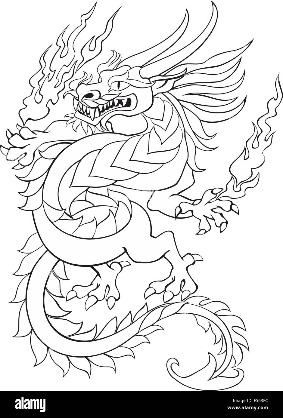 Dancing tribal dragon with flame in hands tattoo vector illustration Stock Vector