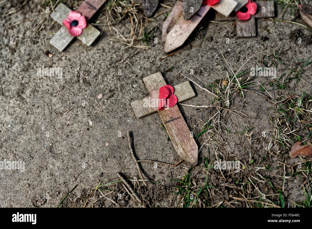 14.04.2015, Oranienburg, Brandenburg, Germany - Memorial on the site of the former Nazi concentration camp Sachsenhausen in Oranienburg near Berlin district of the same name. Pictured remembrance crosses for British prisoners of war who came in Sachsenhausen killed. EJH150414D240CAROEX.JPG - NOT for SALE in G E R M A N Y, A U S T R I A, S W I T Z E R L A N D [MODEL RELEASE: NOT APPLICABLE, PROPERTY RELEASE: NO (c) caro photo agency / Heinrich, http://www.caro-images.pl, info@carofoto.pl - In case of using the picture for non-journalistic purposes, please contact the agency - the picture is sub Stock Photo