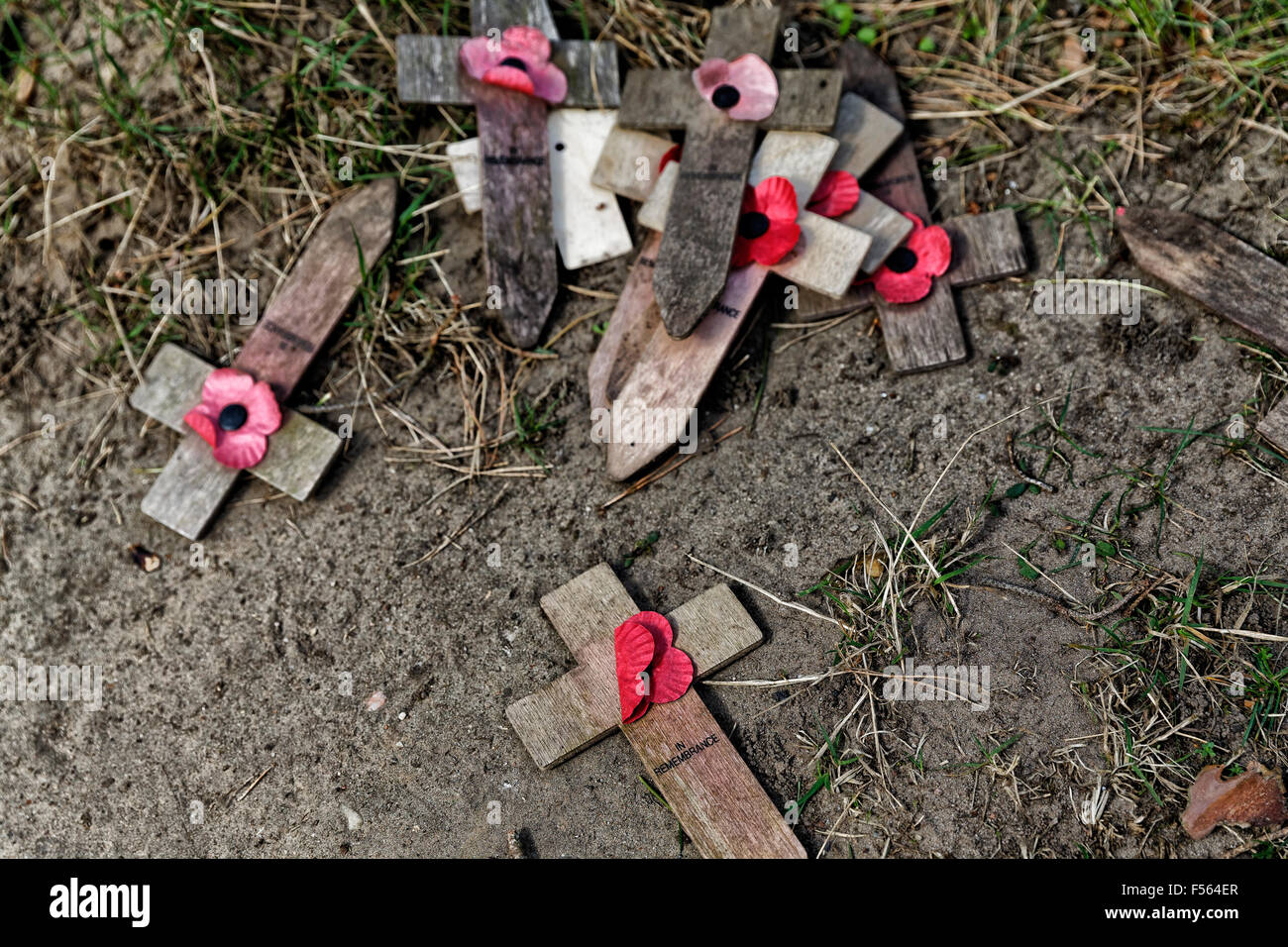 14.04.2015, Oranienburg, Brandenburg, Germany - Memorial on the site of the former Nazi concentration camp Sachsenhausen in Oranienburg near Berlin district of the same name. Pictured remembrance crosses for British prisoners of war who came in Sachsenhausen killed. EJH150414D241CAROEX.JPG - NOT for SALE in G E R M A N Y, A U S T R I A, S W I T Z E R L A N D [MODEL RELEASE: NOT APPLICABLE, PROPERTY RELEASE: NO (c) caro photo agency / Heinrich, http://www.caro-images.pl, info@carofoto.pl - In case of using the picture for non-journalistic purposes, please contact the agency - the picture is sub Stock Photo