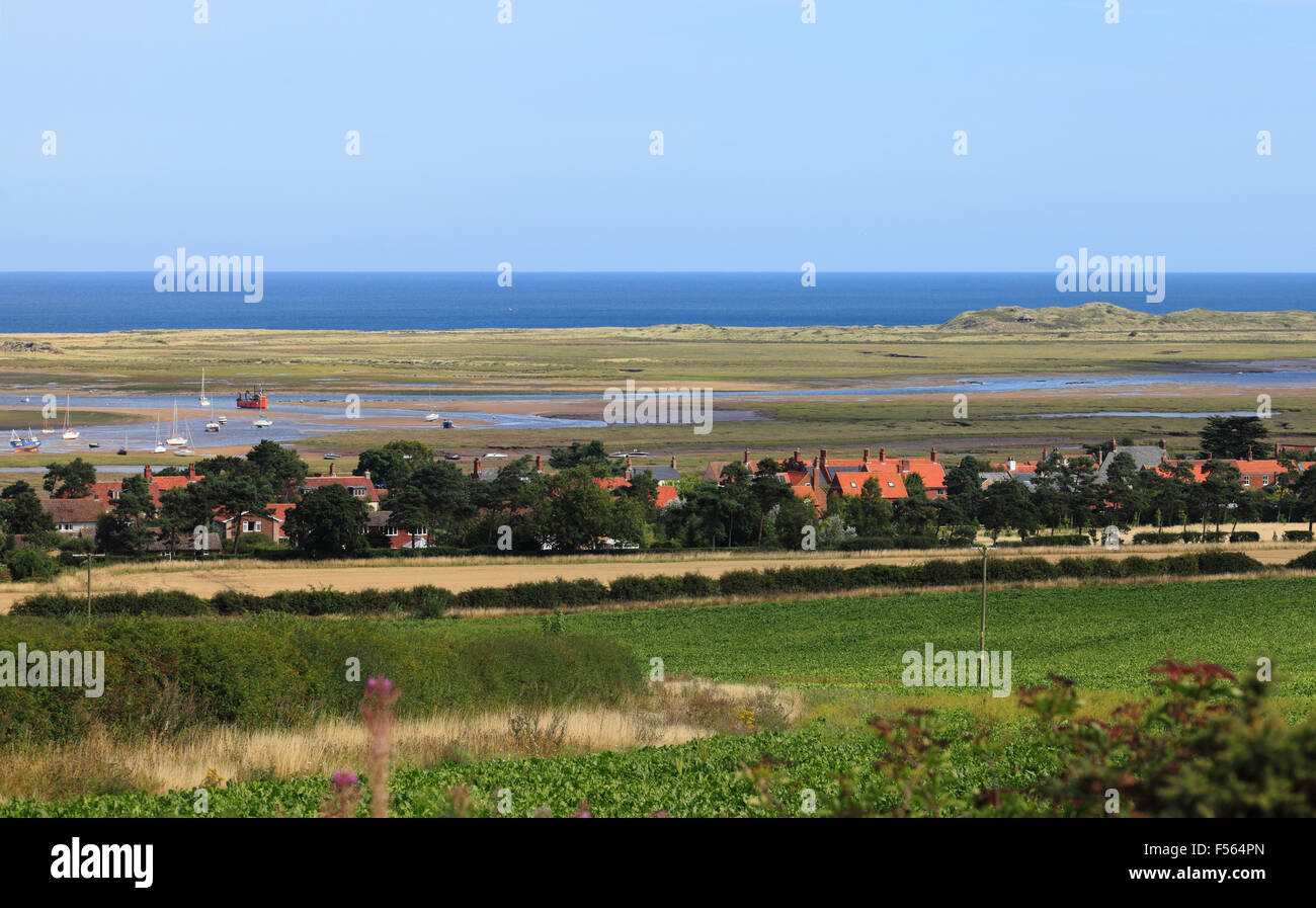The village of Brancaster Staithe and Scolt Head nature reserve on the North Norfolk Coast, seen from Barrow Common. Stock Photo