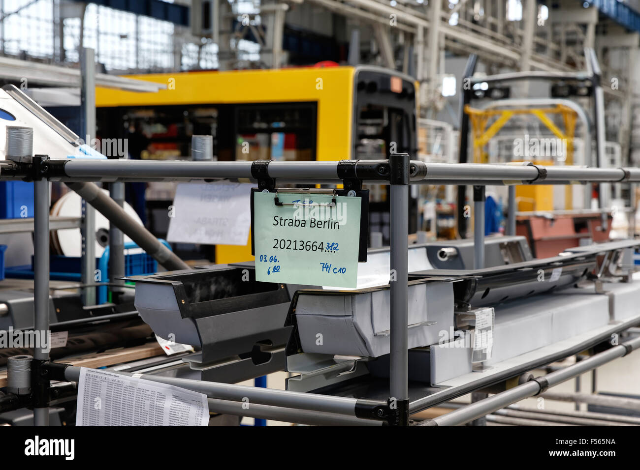 04.06.2015, Hennigsdorf, Brandenburg, Germany - Rolling stock production in Bombardier Transportation in Hennigsdorf Brandenburg plant. The picture shows the production hall with EMUs type Talent 2 for regional traffic. In the foreground car bodies for FLEXITY trams to the BVG BVG. EJH150604D611CAROEX.JPG - NOT for SALE in G E R M A N Y, A U S T R I A, S W I T Z E R L A N D [MODEL RELEASE: NOT APPLICABLE, PROPERTY RELEASE: NO (c) caro photo agency / Heinrich, http://www.caro-images.pl, info@carofoto.pl - In case of using the picture for non-journalistic purposes, please contact the agency - th Stock Photo