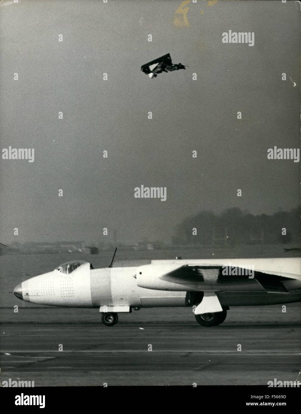 1968 - Press Facility visit to the Aeroplane and Armament Experimental Establishment: There was a press facility visit to the Aeroplane and Armament Experimental Establishment, Boscombe Down, which is responsible for the evaluation of fixed and rotary wing airport, aircraft equipment and systems before entry into the Services. Work includes the investigations of those parameters of the flight envelope of new and modified yet to be proved to determine that operational requirements can be met and achieved with safety. Photo Shows A Canberra WJ 638 - which has been modified as an Ejection Seat Te Stock Photo