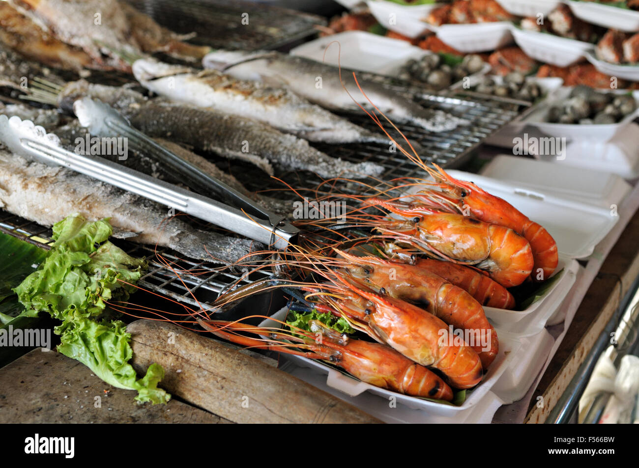Fresh seafood at Taling Chan floating market, Bangkok, Thailand Stock
