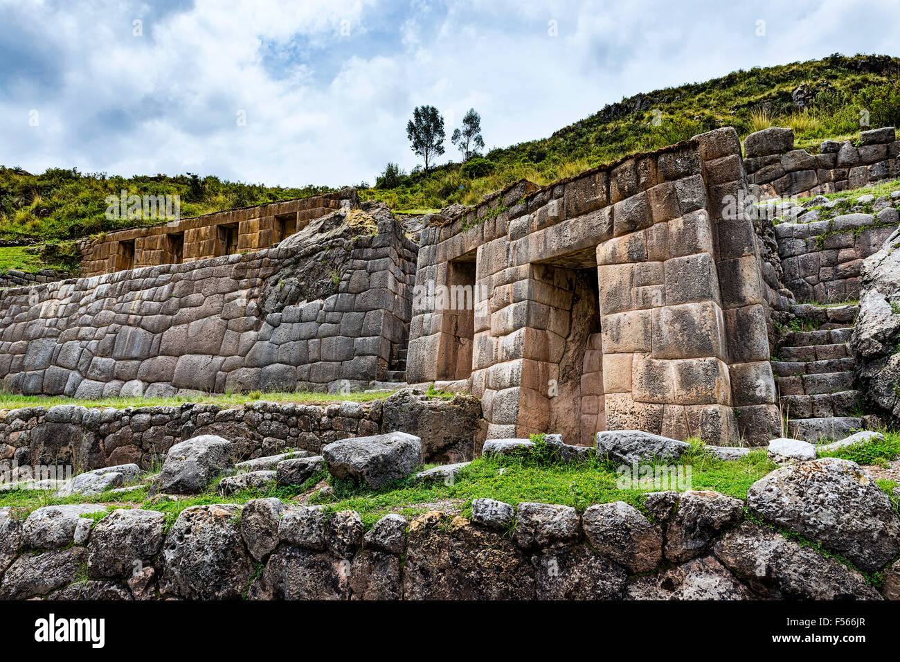 Ancient Inca wall in the Tambomachay ruins, near Cuzco, Peru Stock Photo