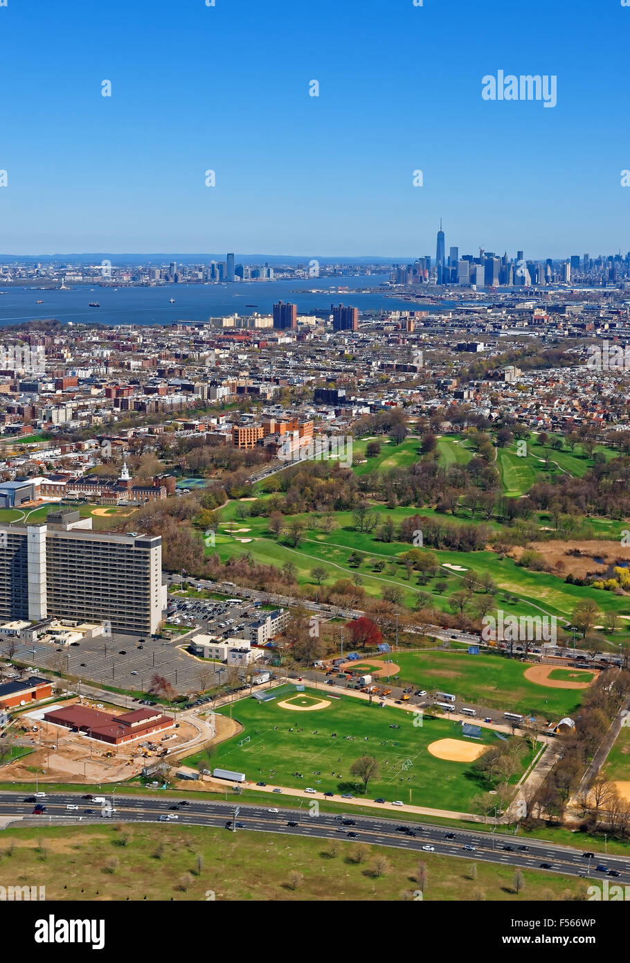 Aerial view of Prospect Park in Brooklyn with downtown Manhattan in the 