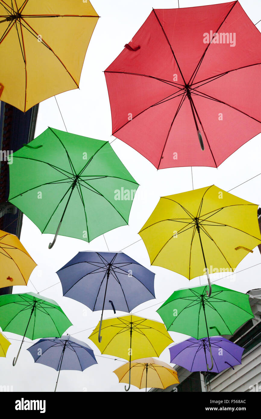 Colourful umbrellas, Littleton, New Hampshire, USA Stock Photo