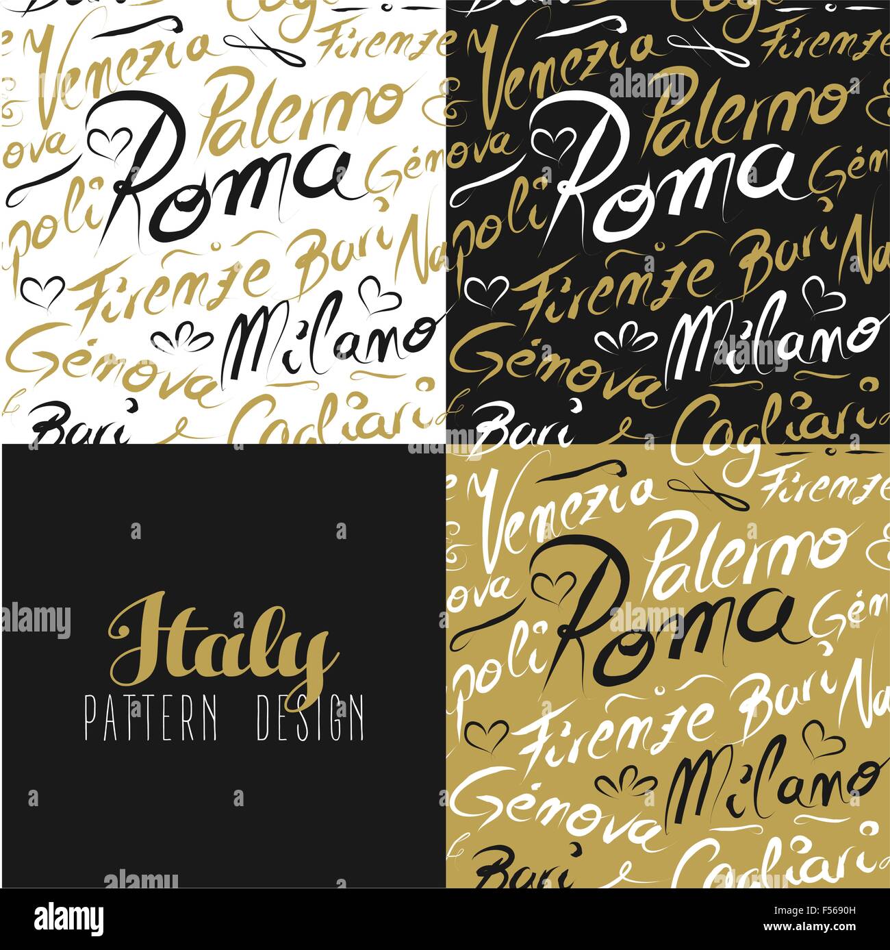 Travel Italy Europe famous cities with handmade calligraphy. Milan city, Rome, Florence, Napoli, Palermo. Stock Vector