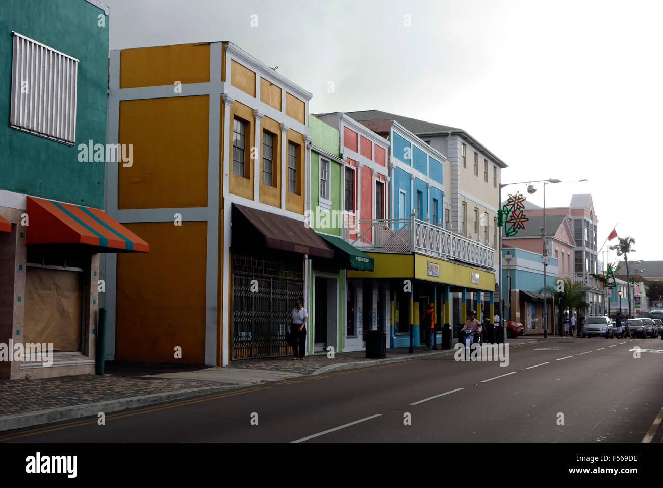 Colorful houses on Bay Street, Nassau, Bahamas, Caribbean Stock Photo