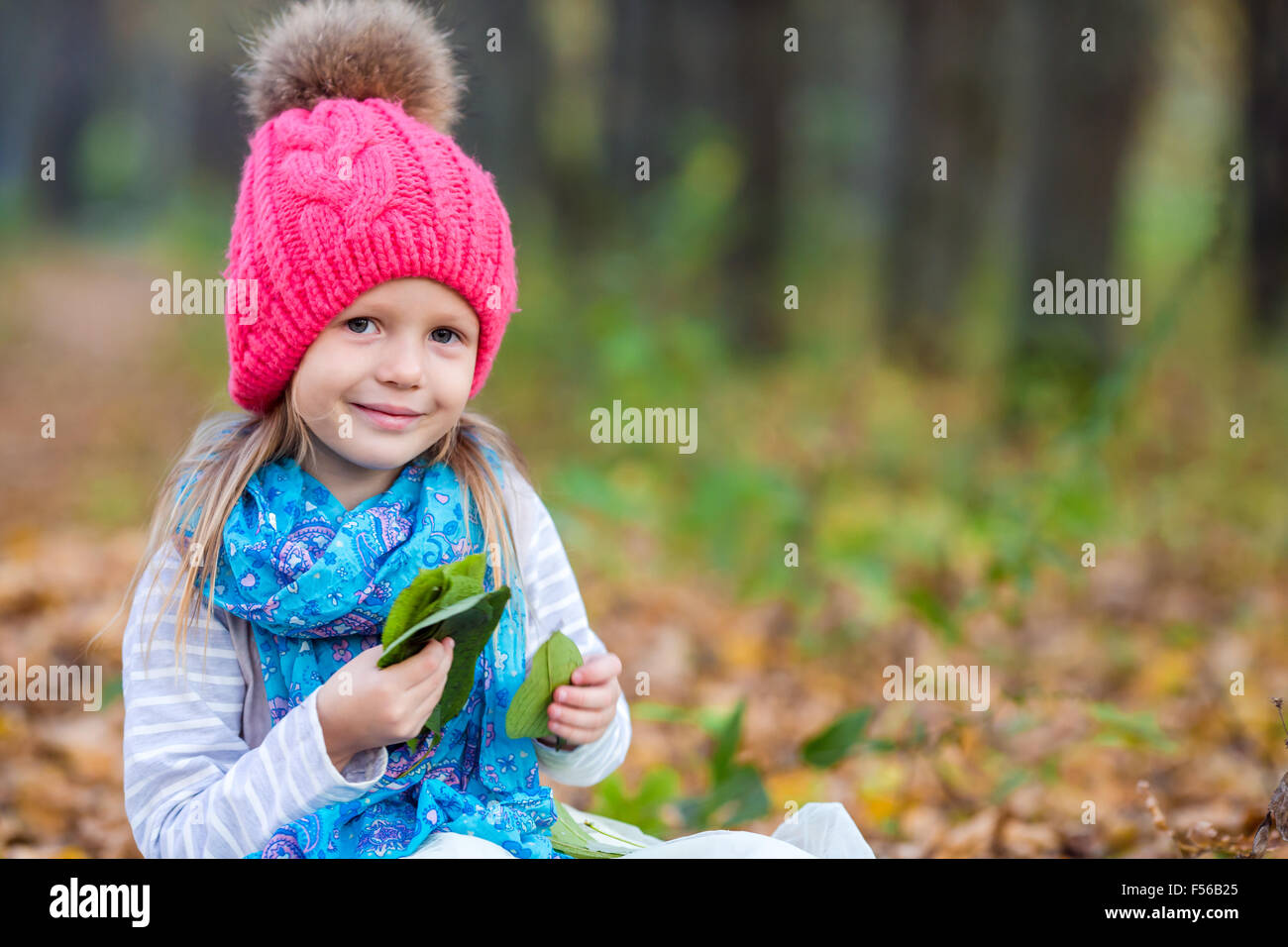 Adorable little girl with autumn leaves in the beautiful park Stock ...