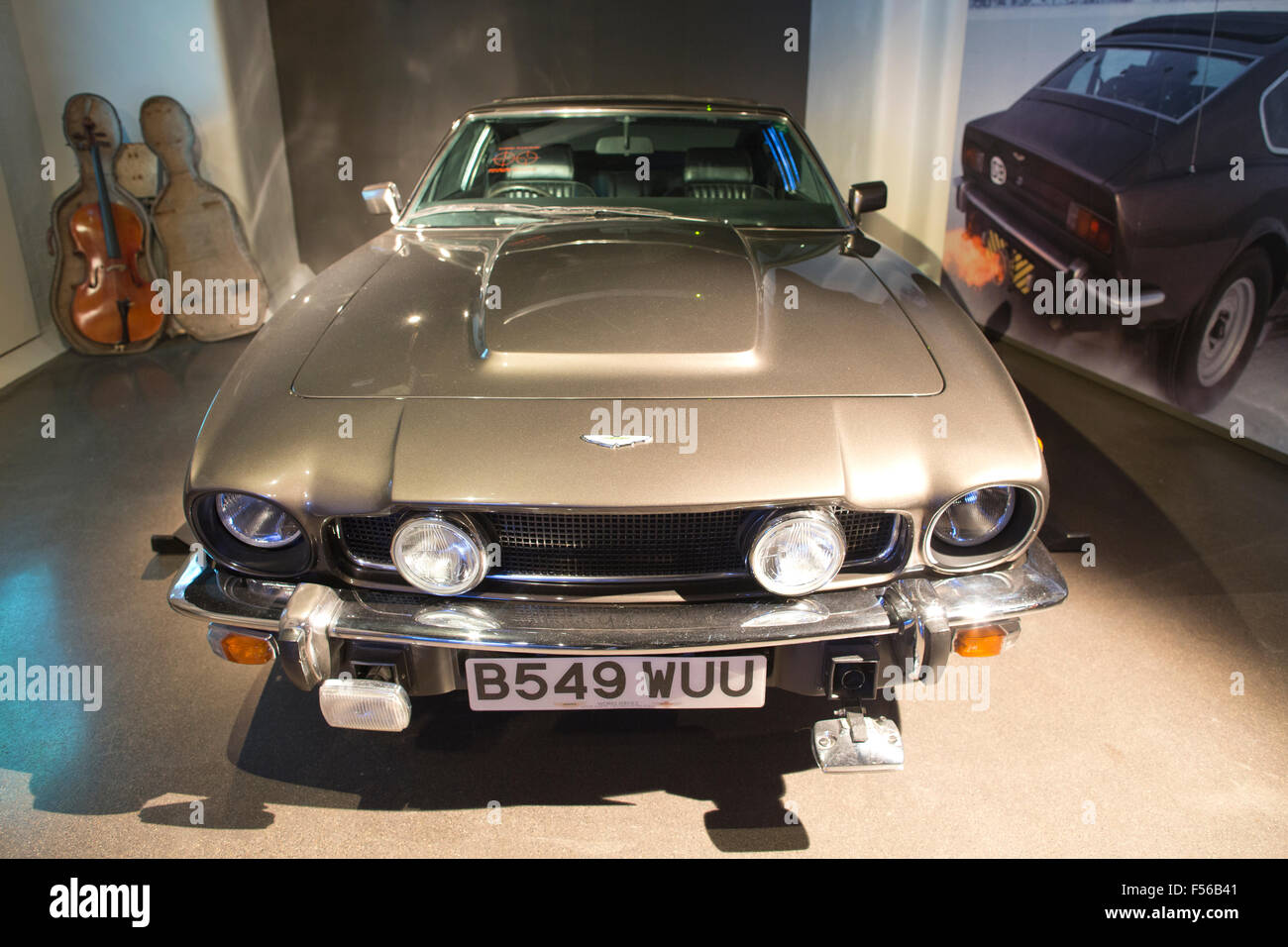 Aston Martin V8 used in the James Bond 'Living Daylights' 1987 film. BOND IN MOTION, James Bond exhibition, London Film Museum Stock Photo
