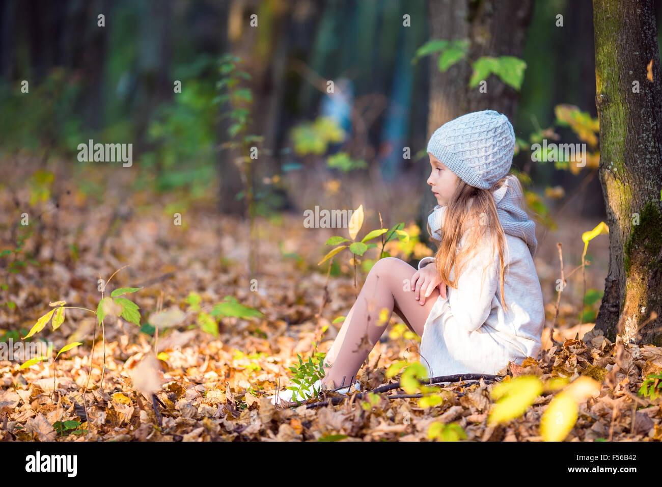 Adorable little girl with autumn leaves in the beautiful park Stock ...