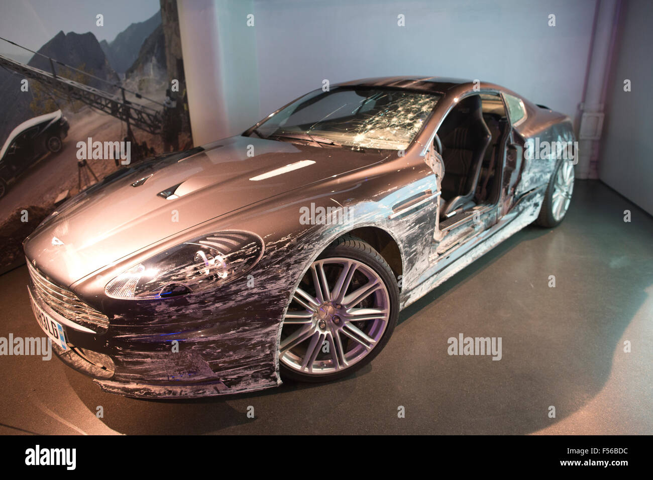 Damaged Aston Martin DBS that was used in James Bond 'Casino Royale', BOND  IN MOTION, James Bond exhibition, London Film Museum Stock Photo - Alamy