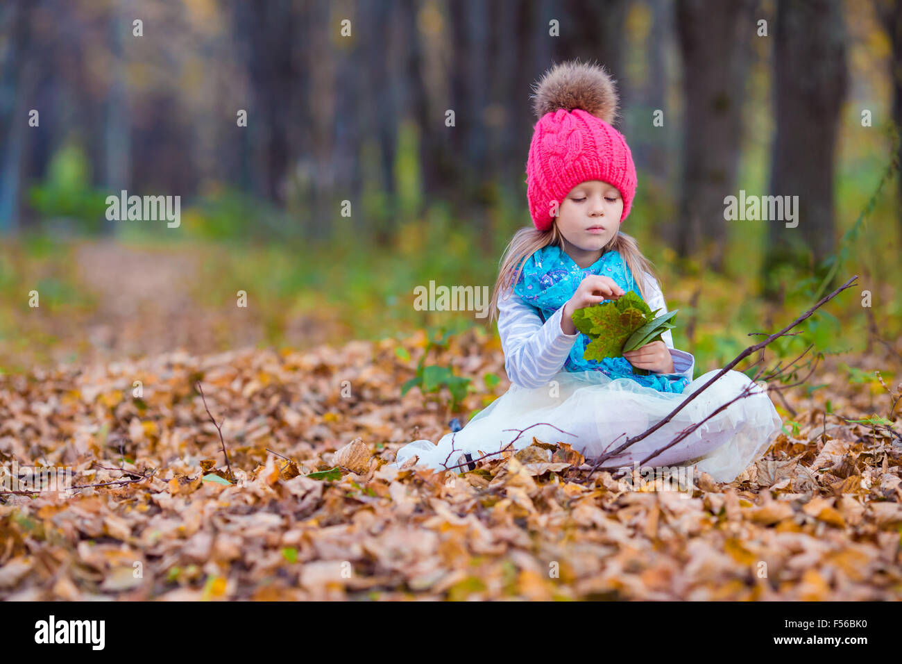 Adorable little girl with autumn leaves in the beautiful park Stock ...