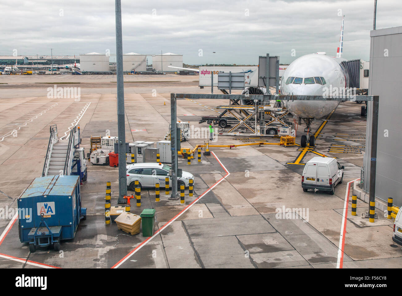 American airlines airplane at heathrow terminal three hires stock