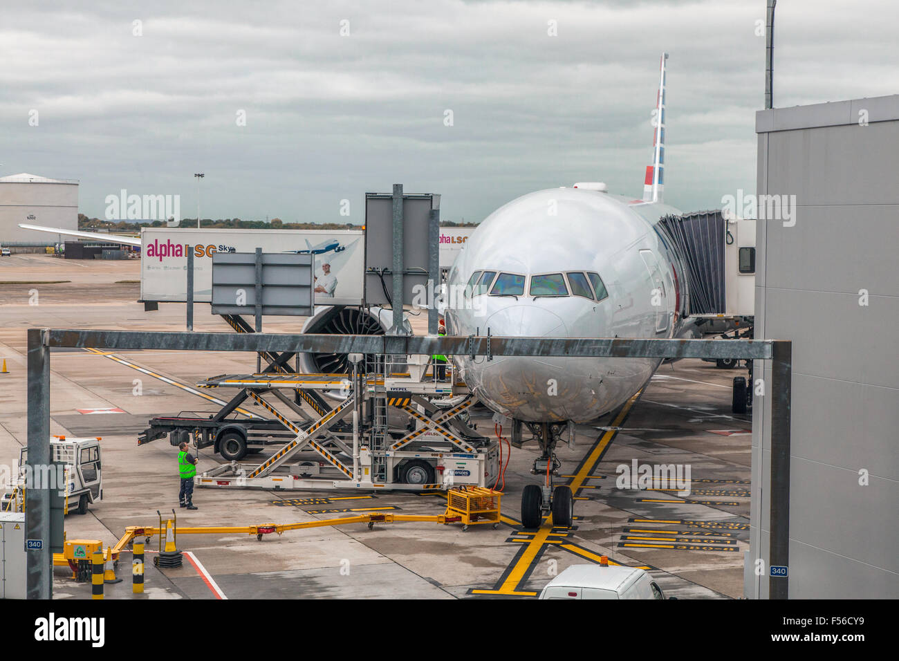 American airlines airplane at heathrow terminal three hi-res stock