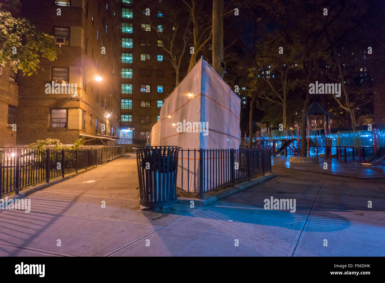 Construction in the massive NYCHA Elliot Houses complex of apartments