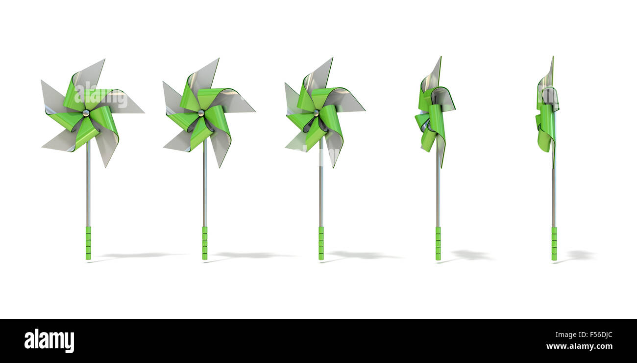Five angles views of five sided pinwheel. 3D render illustration isolated on white background Stock Photo