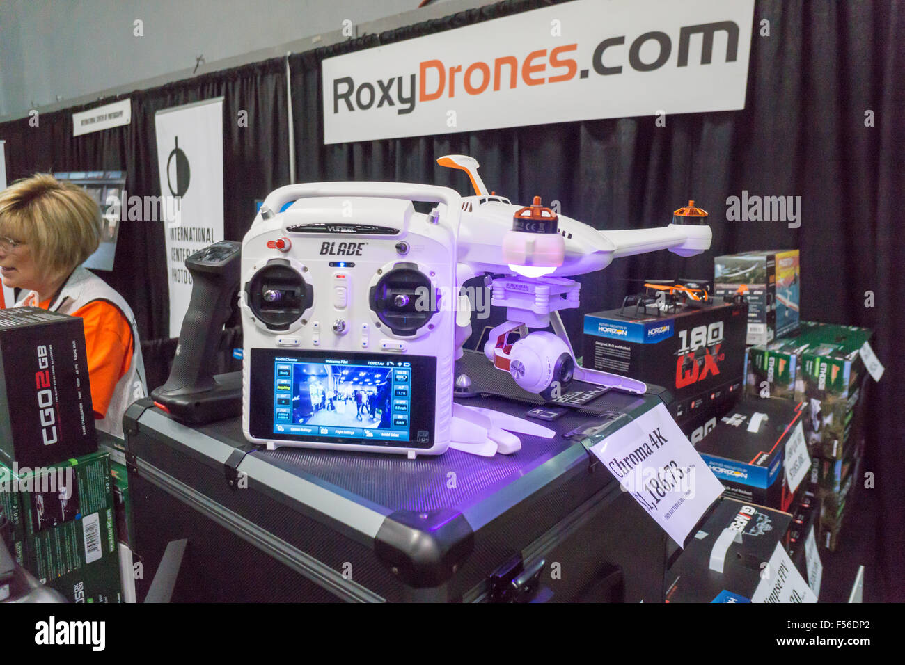 Commercial drones are displayed at a trade show in New York on Friday, October 23, 2015.  The US Dept. of Transportation has convened a task force to recommend parameters for drone registration, with a time frame that the regulations will be ready for Christmas. (© Richard B. Levine) Stock Photo
