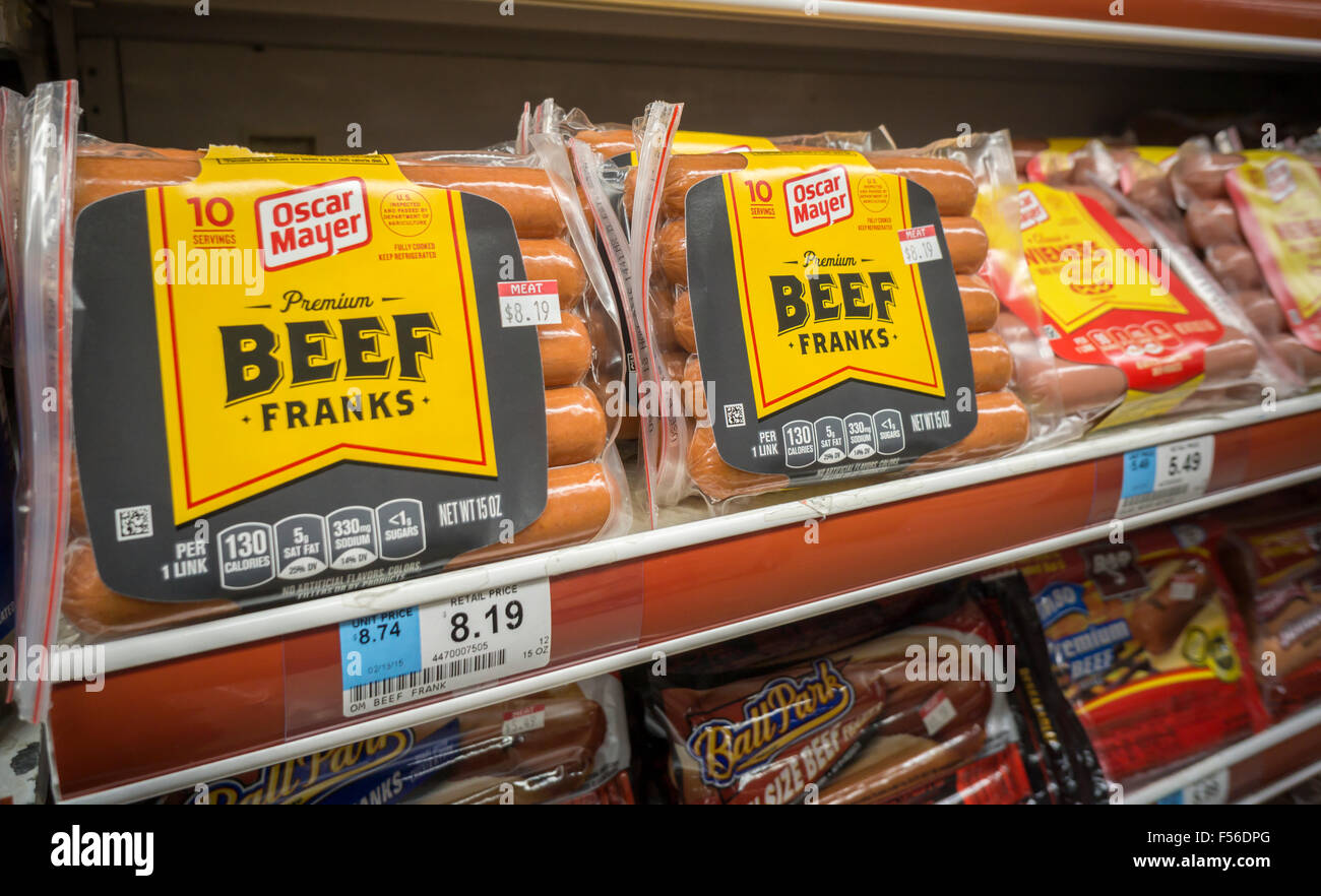 Packages of hot dogs are seen in a supermarket in New York on Monday