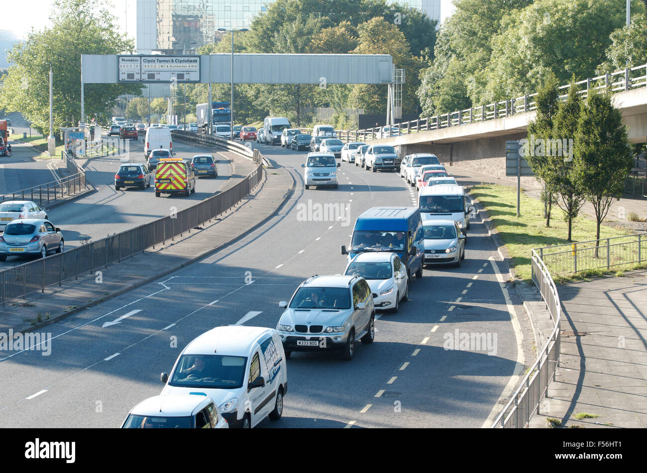 Traffic tailback builds up on the A814 exit to Charing Cross and the M8, Glasgow Stock Photo