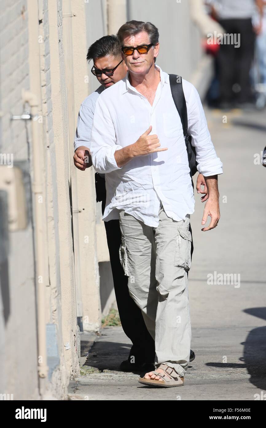 Pierce Brosnan seen arriving at ABC studios for Jimmy Kimmel Live Featuring Pierce Brosnan