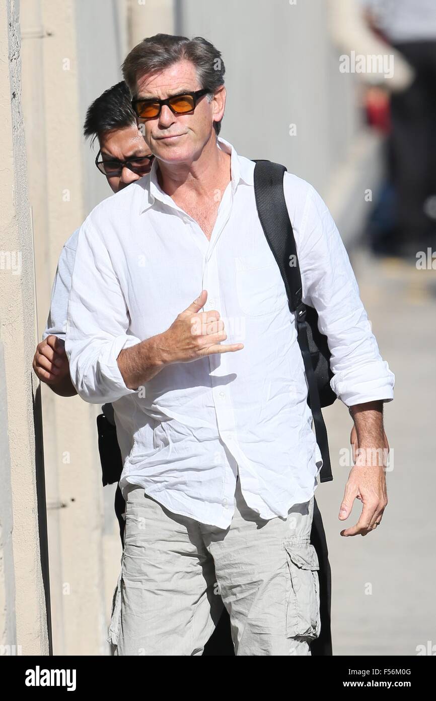 Pierce Brosnan seen arriving at ABC studios for Jimmy Kimmel Live Featuring Pierce Brosnan