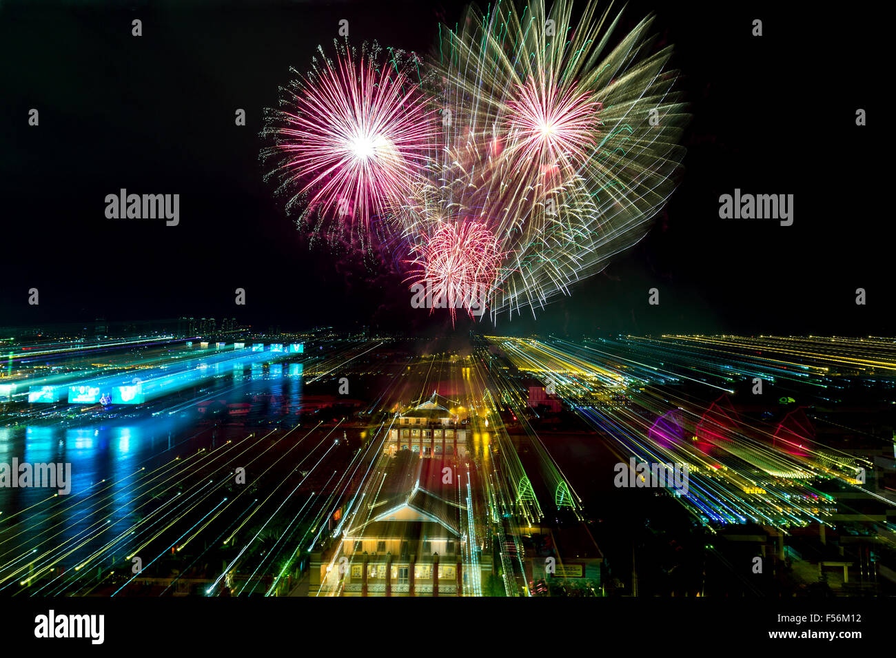 Zoom in with fireworks Stock Photo